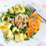 Thumbnail image for Sliced Chicken Salad with Zucchini Ribbons, Avocado, Oranges and Dijon Vinaigrette