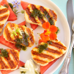Thumbnail image for Grilled Halloumi Cheese & Watermelon Salad with Edible Flowers & Basil-Mint Sauce