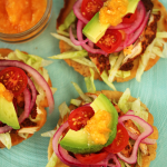 Thumbnail image for Panuchos ~ Tortillas filled with Black Beans topped with Achiote Chicken, Avocado & Habanero Salsa