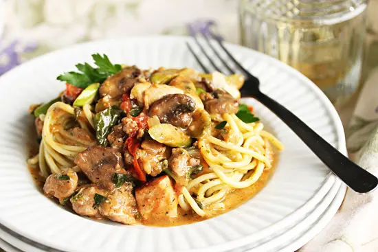 A plate of food with meat and vegetables on it.