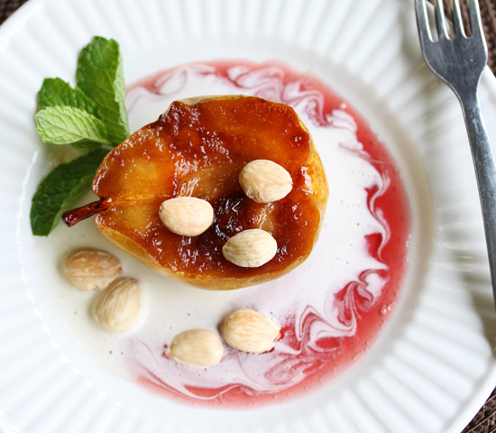 Sangria Glazed Caramelized Pears and Honey Almond Cream