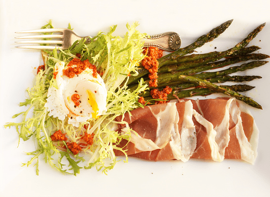 A plate of food with asparagus, ham and an egg.