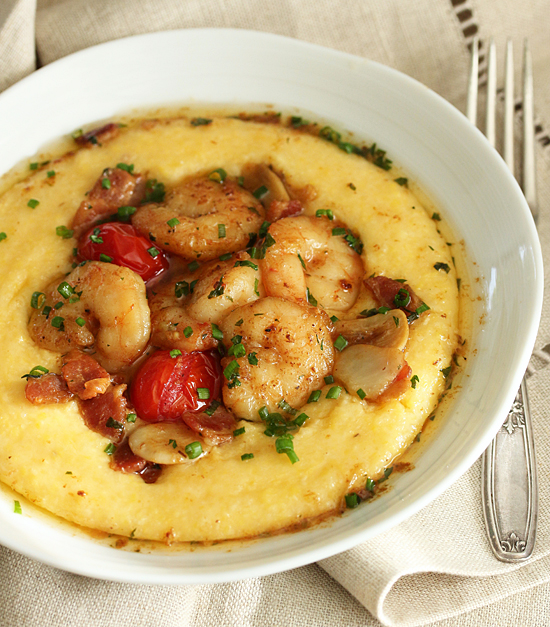 Shrimp & Cheesy Grits with Bacon & Tomatoes