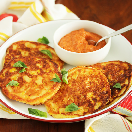 Corn Cakes with Toasted Almond & Red Pepper Romesco 2
