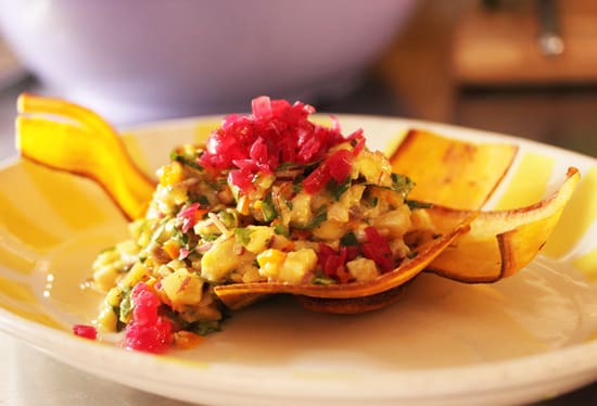 A plate of food with some kind of fruit