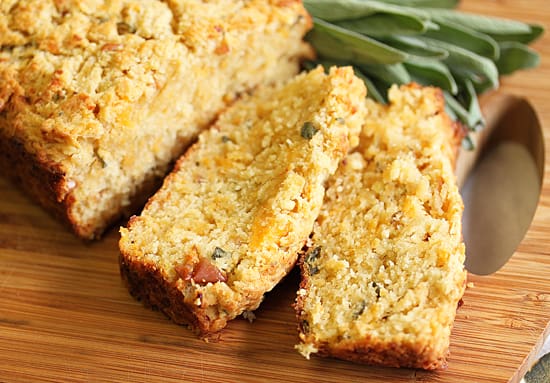 A close up of some cornbread on a table