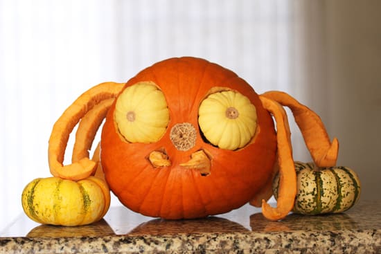A pumpkin with eyes and ears made to look like an animal.