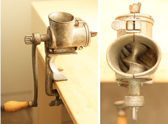 A close up of an old meat grinder and a side by side picture.