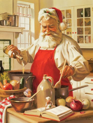 A painting of santa claus in the kitchen preparing food.