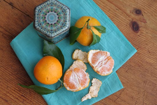 A table with some food on it and two oranges