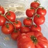 A bunch of tomatoes are on the table