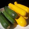 A white plate topped with yellow and green zucchini.