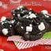A red plate topped with chocolate cookies covered in marshmallows.