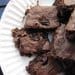 A white plate topped with brownies covered in chocolate.